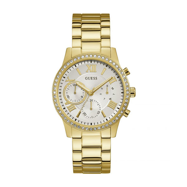 Guess Solar Chronograph Diamonds White Dial Gold Steel Strap Watch for Women - W1069L2