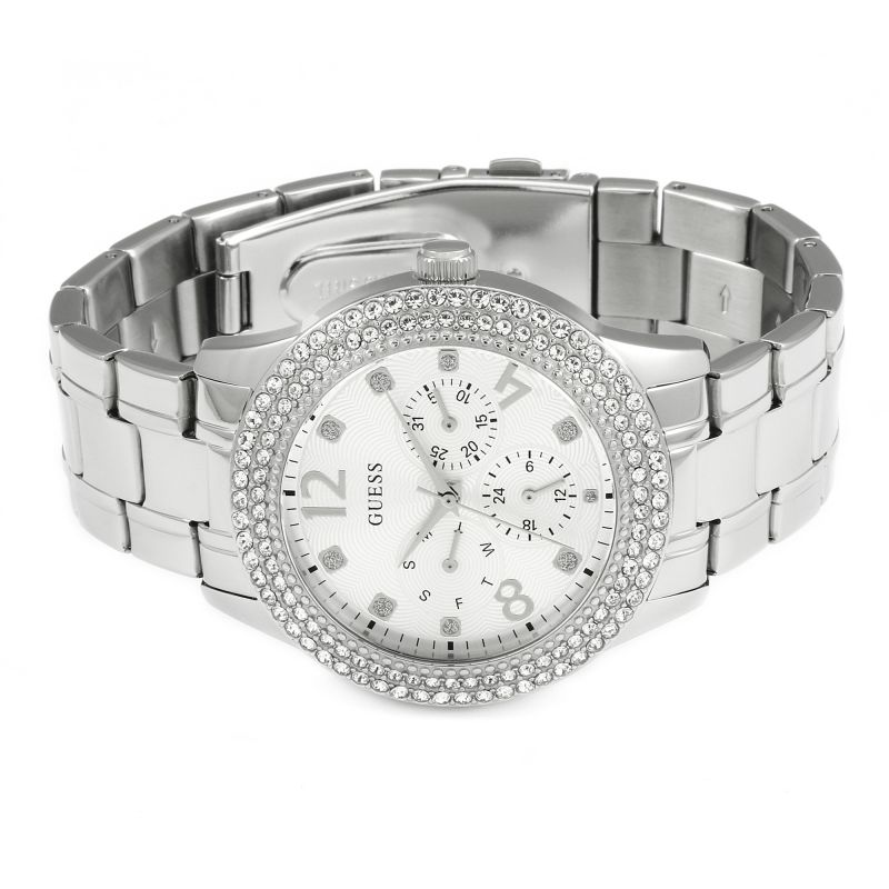 Guess Bedazzle Diamonds Silver Dial Silver Steel Strap Watch For Women - W1097L1