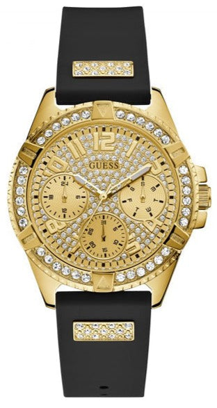 Guess Frontier Diamonds Gold Dial Black Rubber Strap Watch For Women - W1160L1