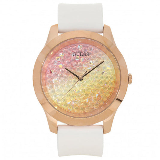 Guess Crush Crystals Gold Dial White Rubber Strap Watch for Women - W1223L3