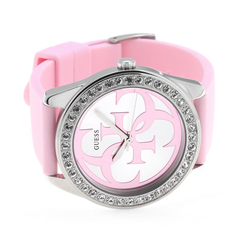 Guess G-Twist Diamonds Silver Dial Pink Rubber Strap Watch for Women - W1240L1