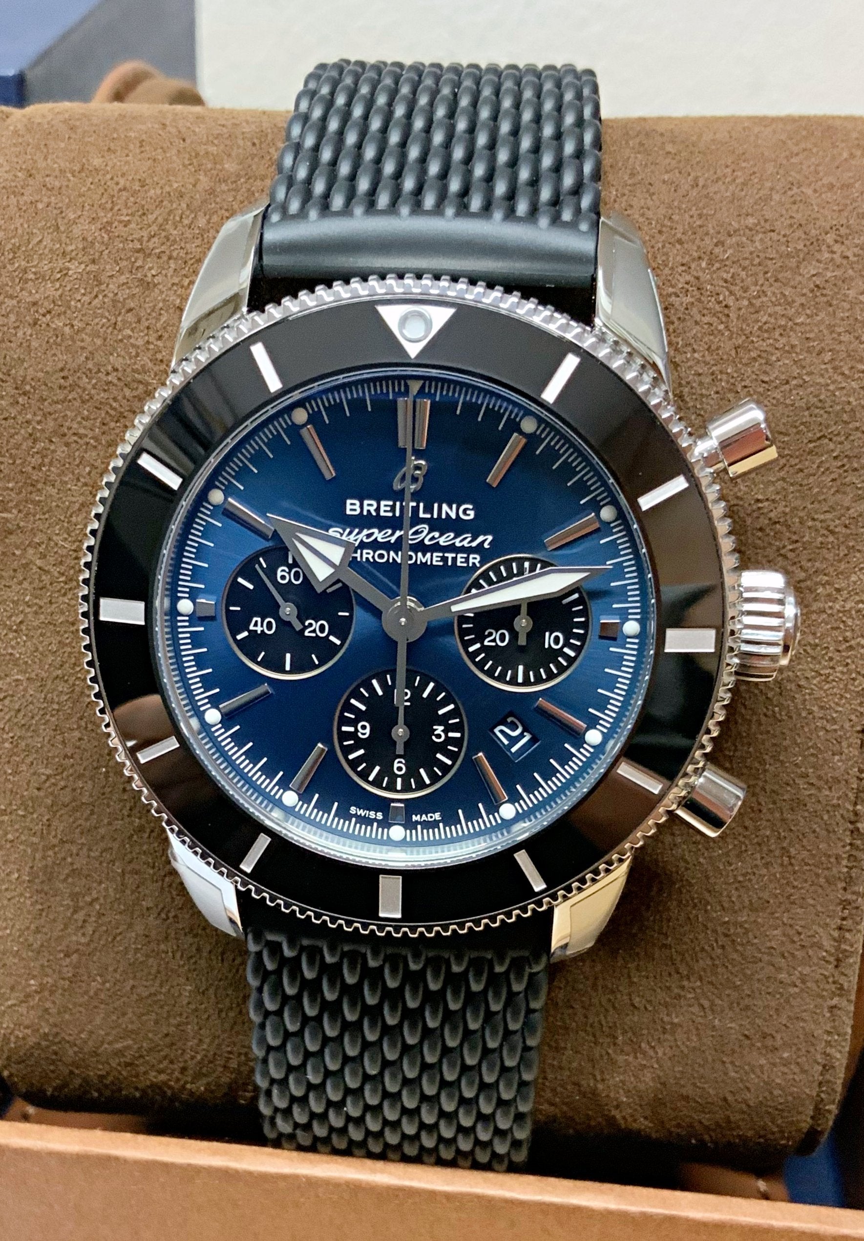 Breitling Superocean Heritage B01 Chronograph 44 Blue Dial Black Mesh Bracelet Watch for Men - AB0162121C1S1