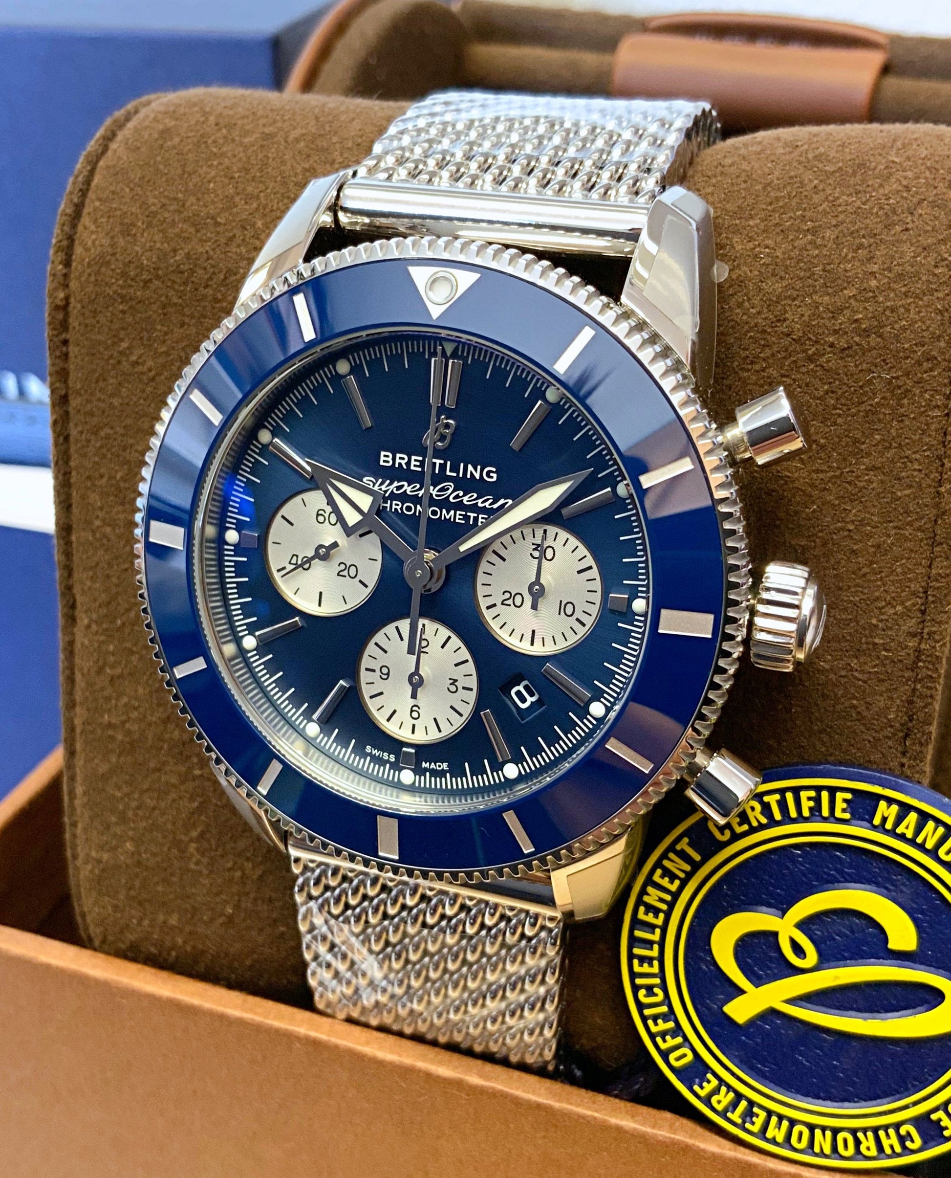 Breitling Superocean Heritage B01 Chronograph 44 Blue Dial Silver Mesh Bracelet Watch for Men - AB0162161C1A1