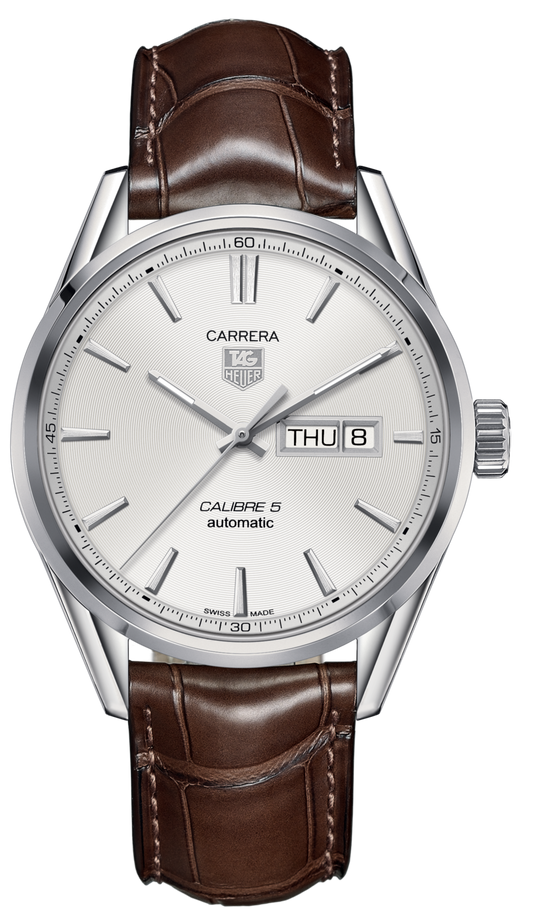 Tag Heuer Carrera Calibre 5 Automatic White Dial Brown Leather Strap Watch for Men - WAR201B.FC6291