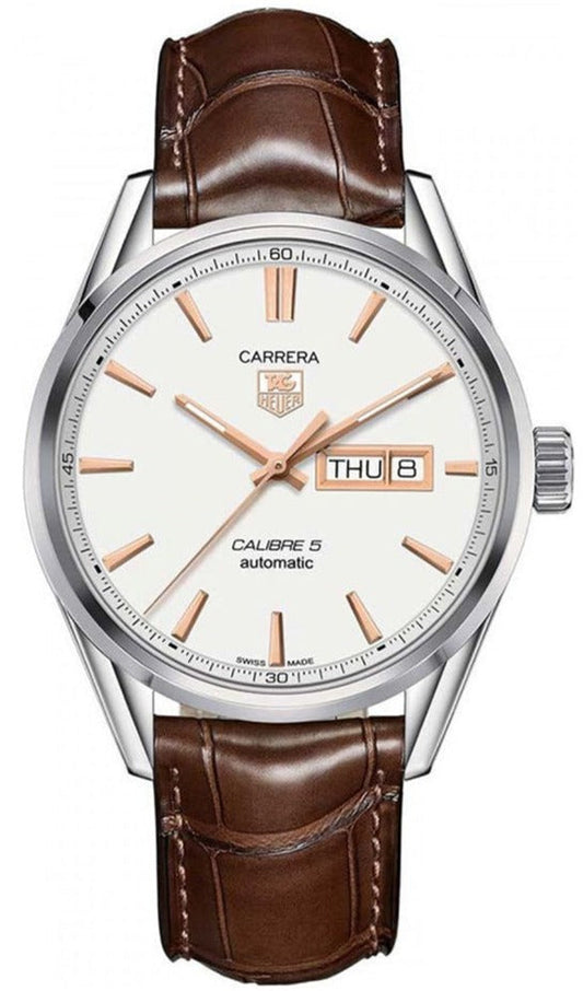 Tag Heuer Carrera Calibre 5 Automatic White Dial Brown Leather Strap Watch for Men - WAR201D.FC6291