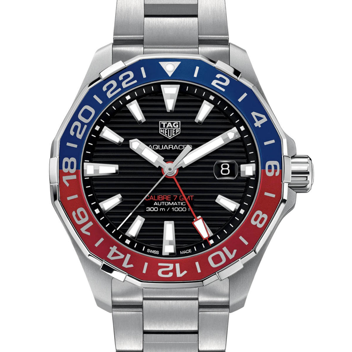 Tag Heuer Aquaracer GMT Caliber 7 Pepsi Black Dial Silver Steel Strap Watch for Men - WAY201F.BA0927