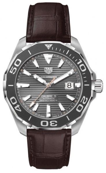 Tag Heuer Aquaracer Caliber 5 Black Dial Brown Leather Strap Watch for Men - WAY201M.FC6474