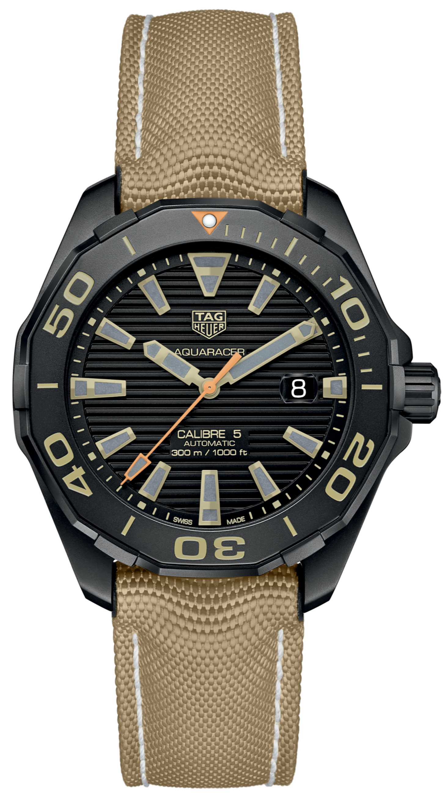 Tag Heuer Aquaracer 300 Calibre 5 43mm Automatic Black Dial Brown Fabric Strap Watch for Men - WAY208C.FC6383