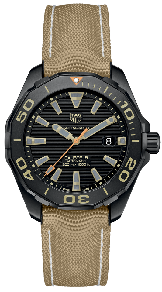 Tag Heuer Aquaracer 300 Calibre 5 43mm Automatic Black Dial Brown Fabric Strap Watch for Men - WAY208C.FC6383