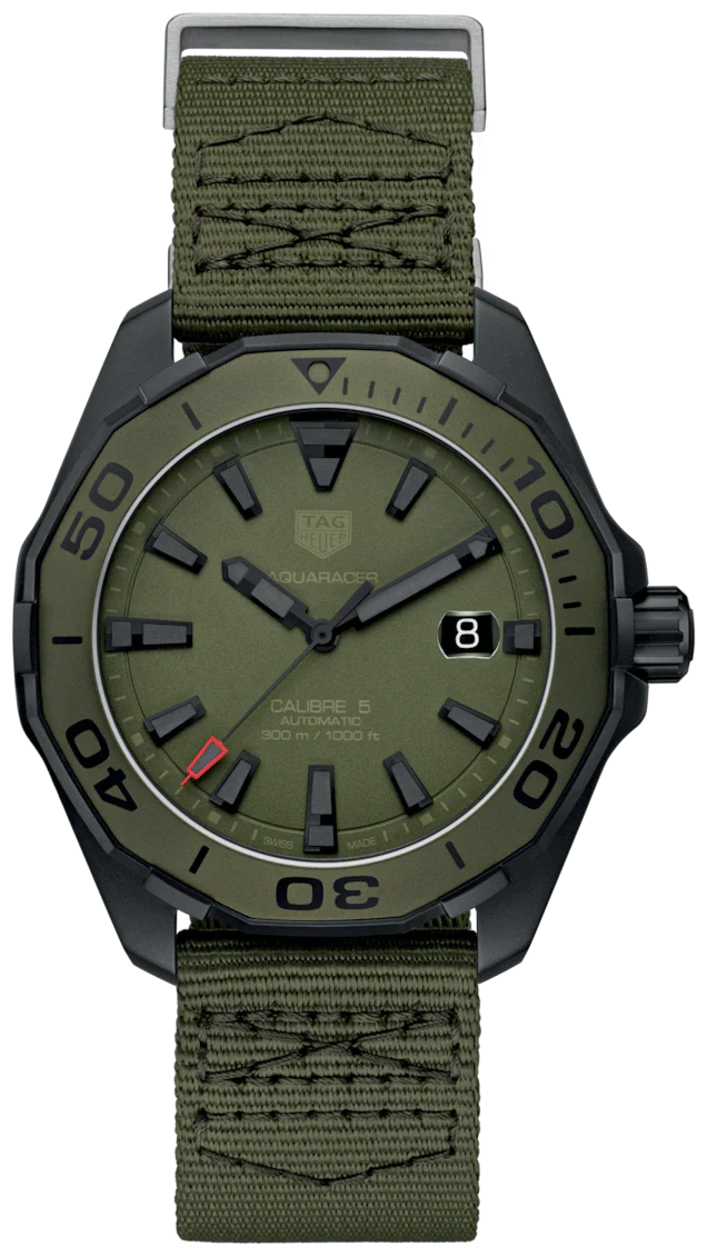 Tag Heuer Aquaracer Automatic Green Dial Khakhi Green Nylon Strap Watch for Men - WAY208E.FC8222