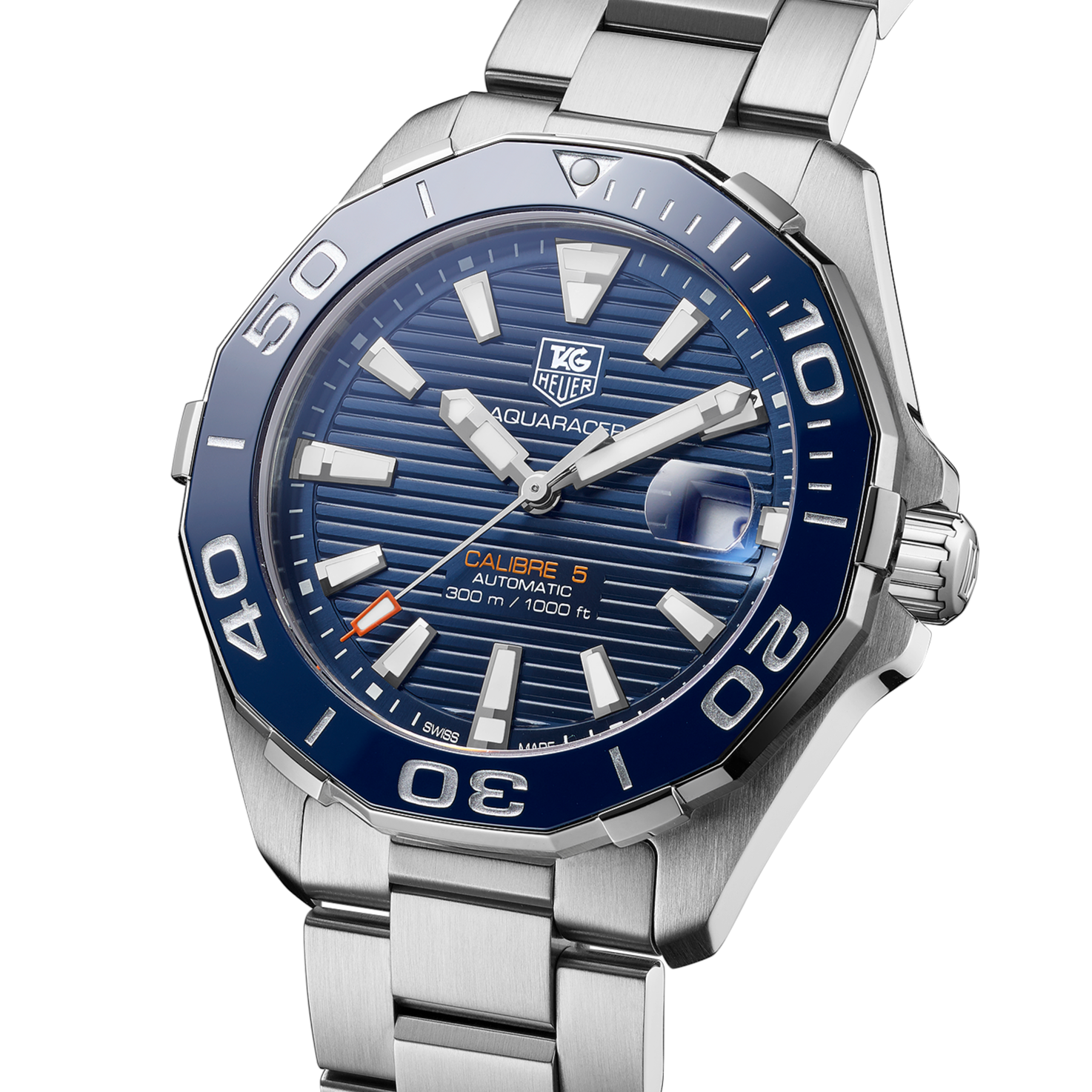 Tag Heuer Aquaracer Calibre 5 Blue Dial Silver Steel Strap Watch for Men - WAY211C.BA0928