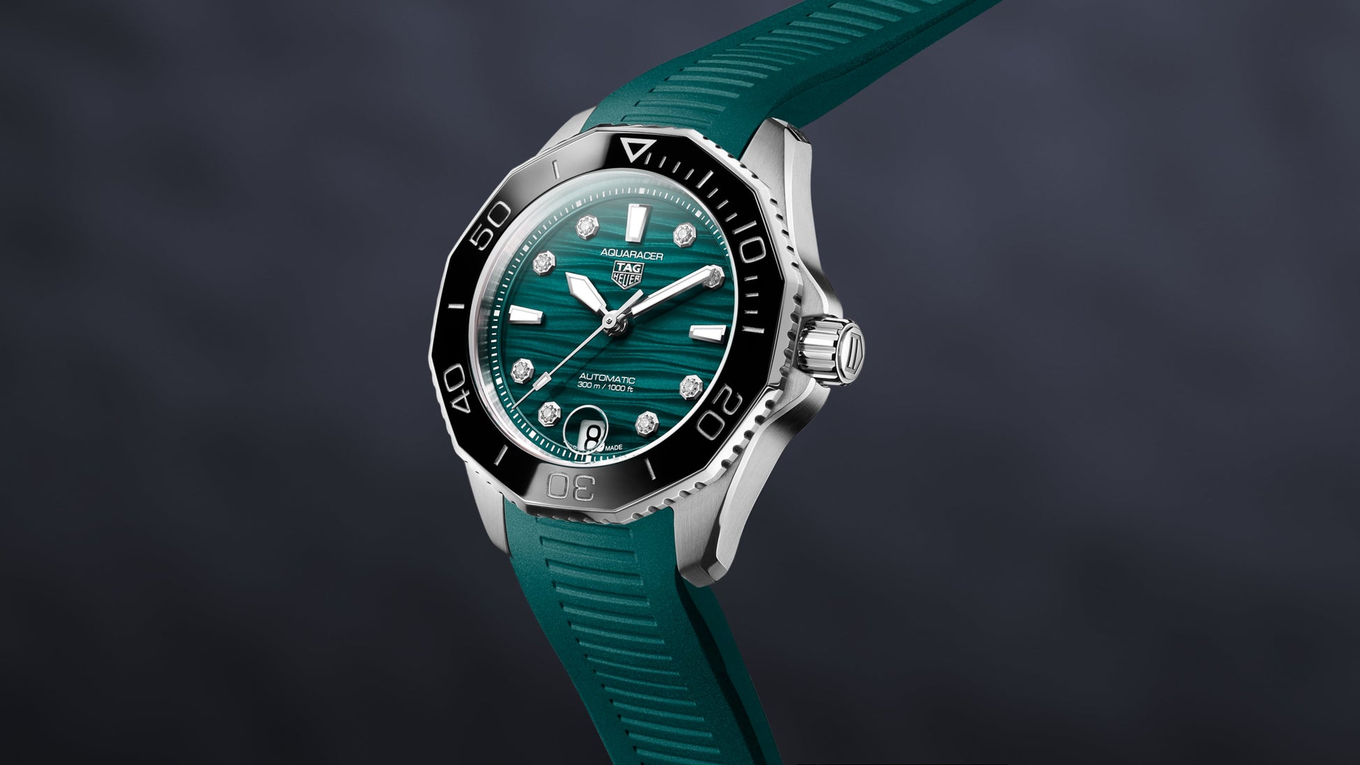 Tag Heuer Aquaracer Professional 300 Automatic Diamonds Green Dial Green Rubber Strap Watch for Women - WBP231G.FT6226