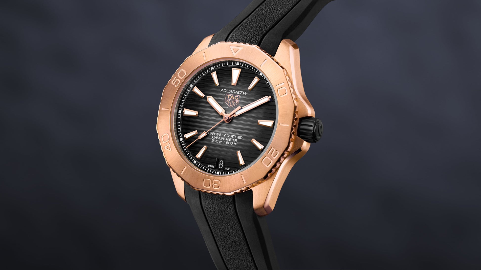 Tag Heuer Aquaracer Professional 200 Automatic 18K Rose Gold Black Dial Black Rubber Strap Watch for Men - WBP5150.FT6199