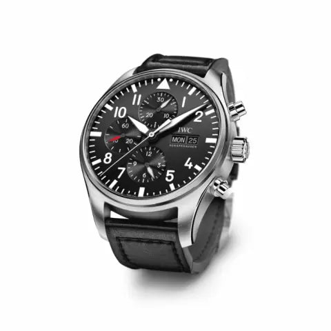 IWC Pilot's Watch Chronograph Black Dial Black Leather Strap Watch for Men - IW377709