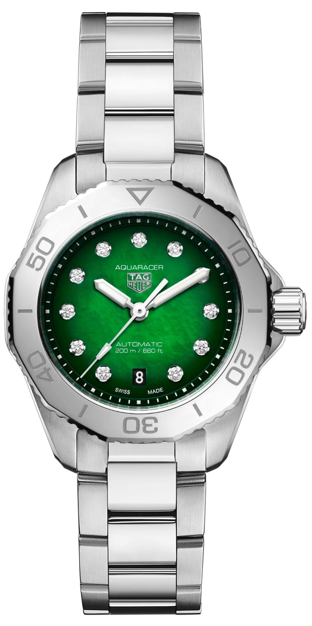 Tag Heuer Aquaracer Professional 200 Automatic Diamond Green Dial Silver Steel Strap Watch for Women - WBP2415.BA0622