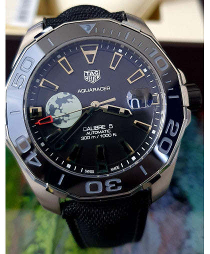 Tag Heuer Aquaracer Calibre 5 Black Moon Dial Black Fabric Strap Watch for Men - WAY201J.FC6370