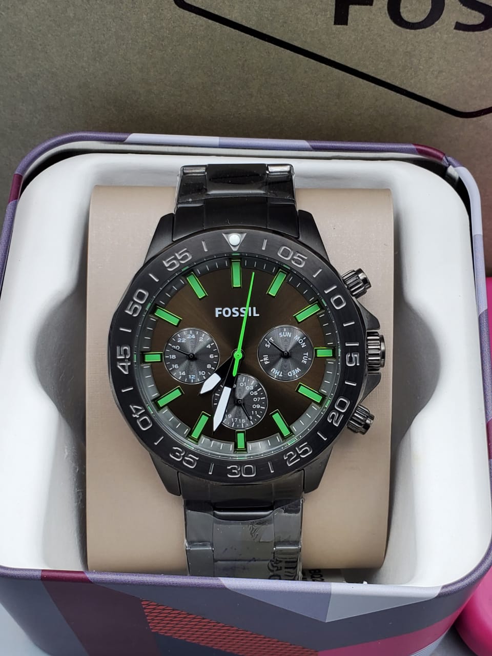 Fossil Bannon Multifunction Chronograph Green Dial Grey Steel Strap Watch for Men - BQ2504