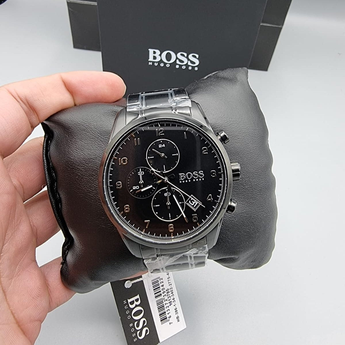 Hugo Boss Skymaster Chronograph Black Dial Black Steel Strap Watch for Men - 1513785