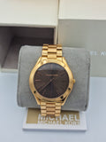 Michael Kors Slim Runway Brown Dial Rose Gold Stainless Steel Strap Watch for Women - MK3181