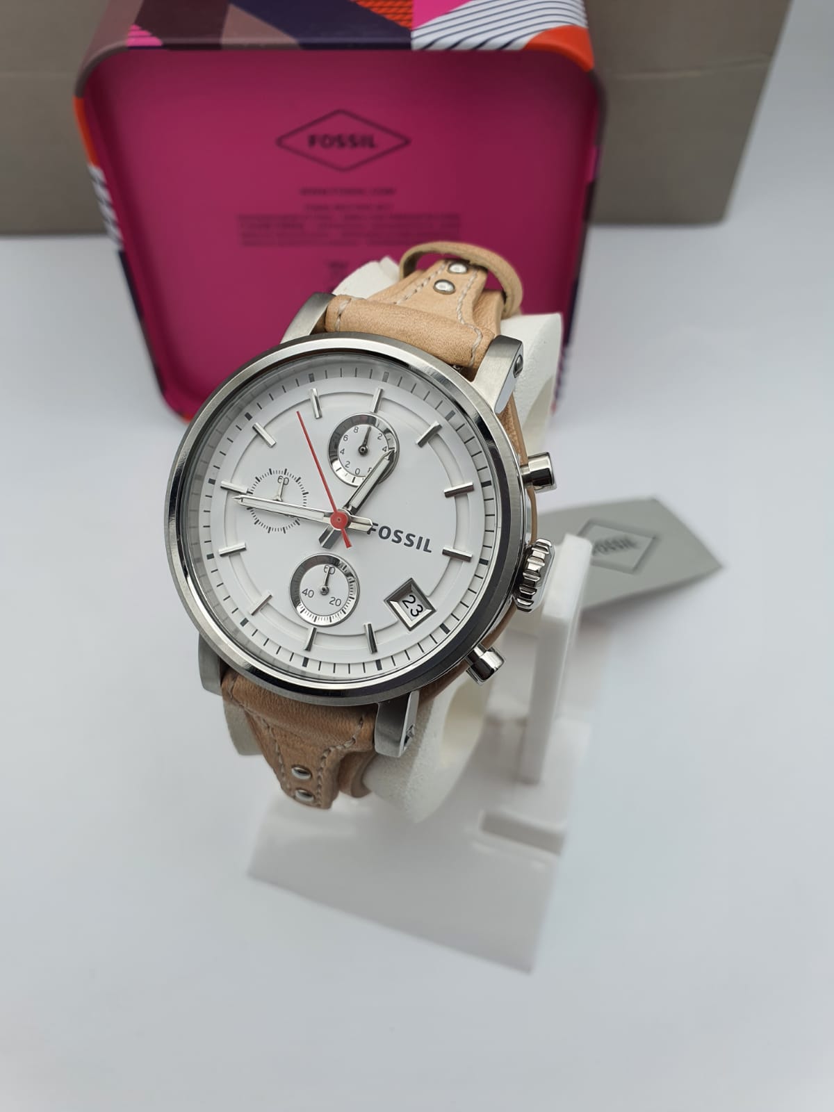 Fossil Boyfriend Chronograph White Dial Brown Leather Strap Watch for Women - ES3625