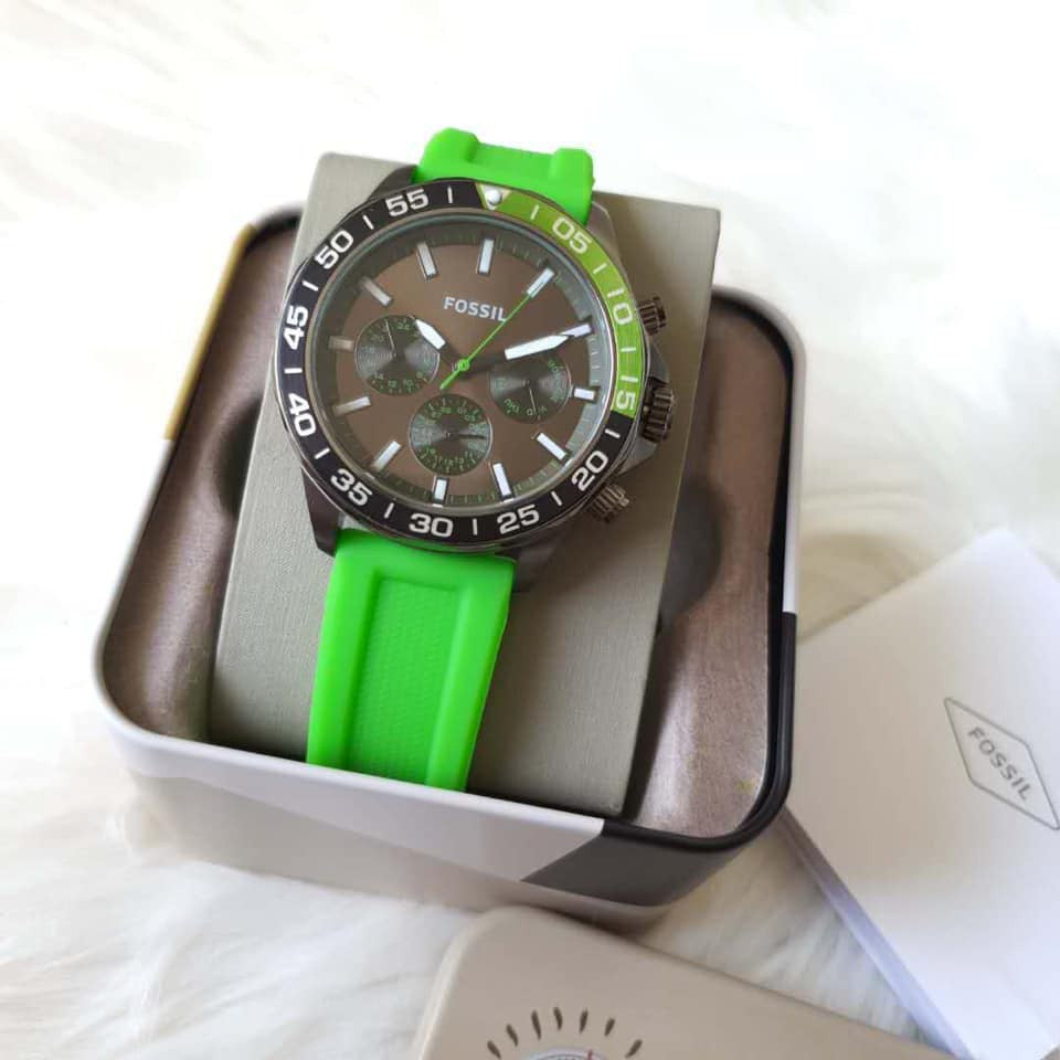 Fossil Bannon Chronograph Grey Dial Green Silicone Strap Watch for Men - BQ2501