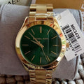 Michael Kors Slim Runway Green Dial Gold Steel Strap Watch for Women - MK3435