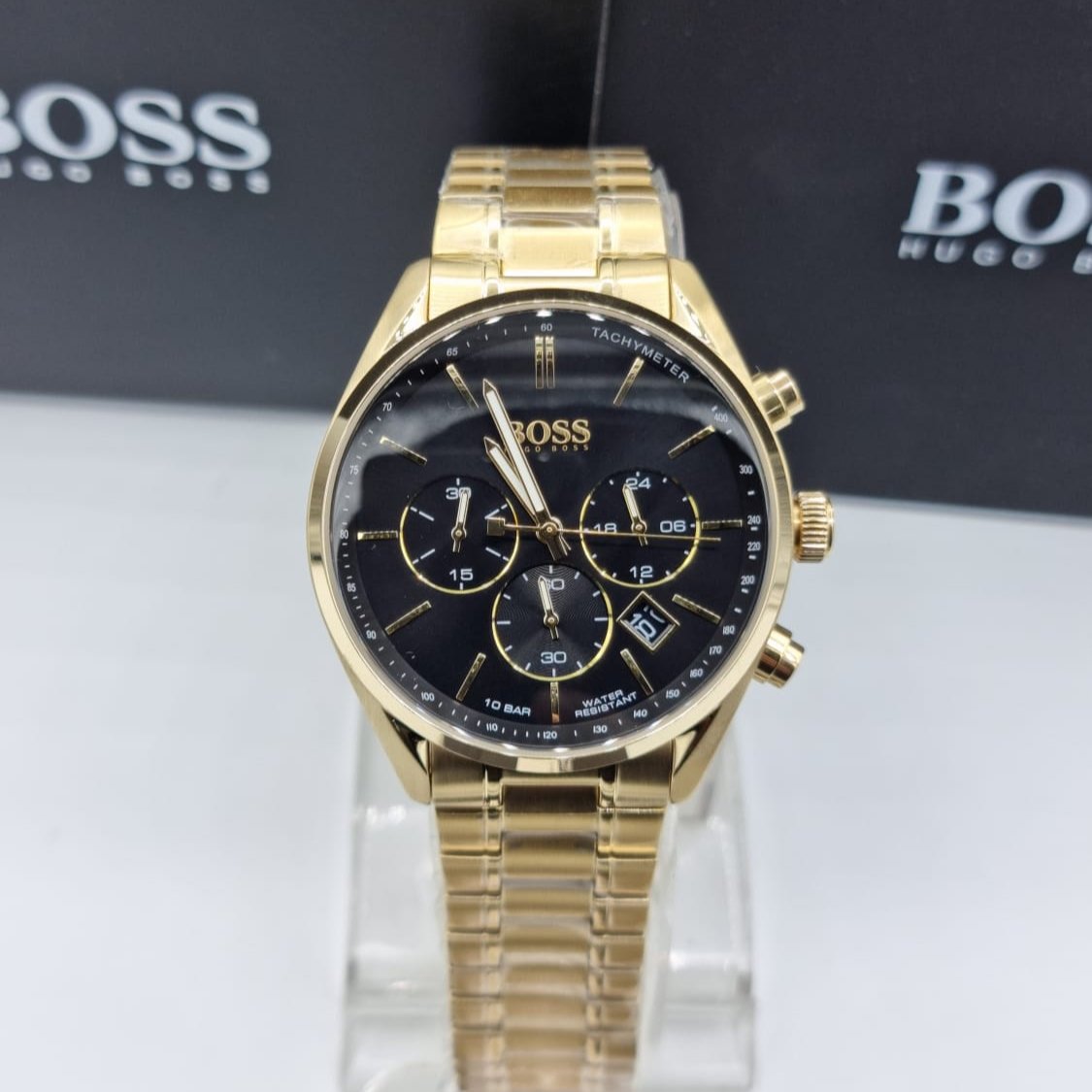 Hugo Boss Champion Chronograph Black Dial Gold Steel Strap Watch for Men - 1513848