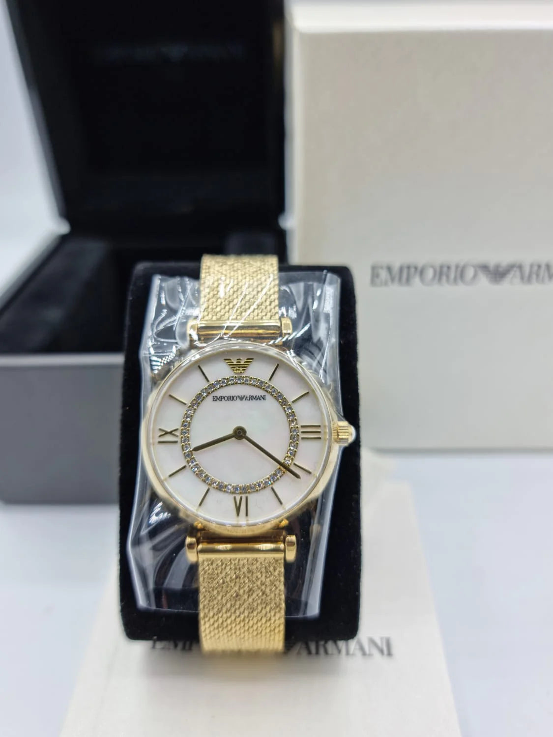 Emporio Armani Gianni T Bar Mother of Pearl Dial Gold Mesh Bracelet Watch For Women - AR11321