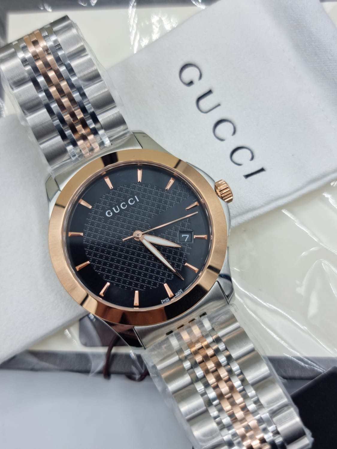 Gucci G Timeless Quartz Black Dial Two Tone Mesh Bracelet Watch For Women - YA126512