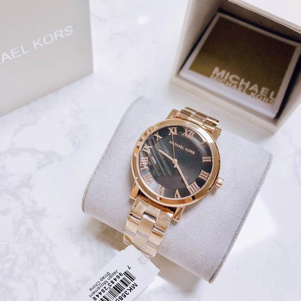 Michael Kors Noire Black Dial Rose Gold Steel Strap Watch for Women - MK3585