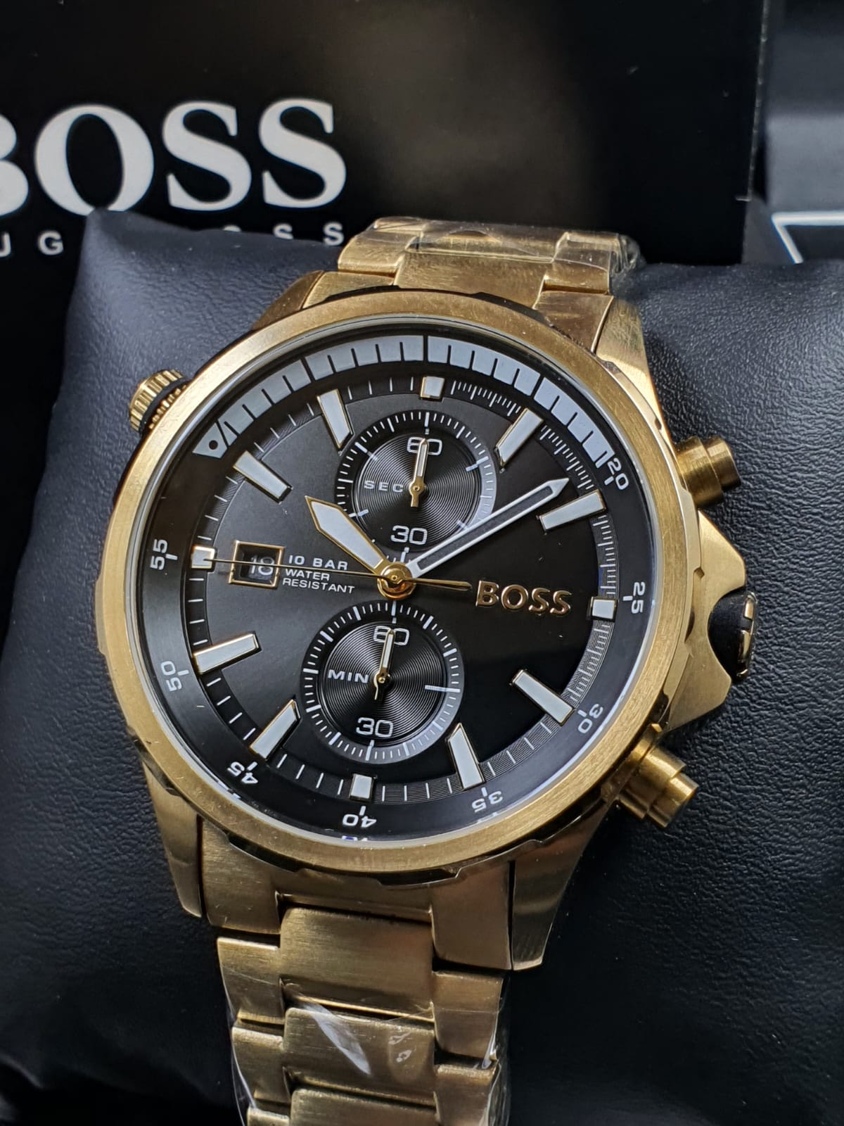 Hugo Boss Globetrotter Chronograph Black Dial Gold Steel Strap Watch for Men - 1513932