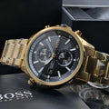 Hugo Boss Globetrotter Chronograph Black Dial Gold Steel Strap Watch for Men - 1513932