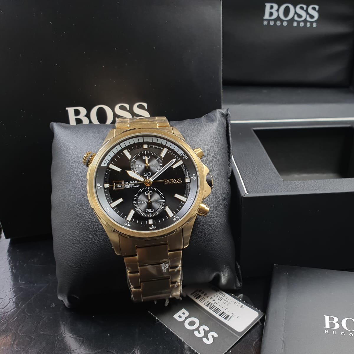 Hugo Boss Globetrotter Chronograph Black Dial Gold Steel Strap Watch for Men - 1513932