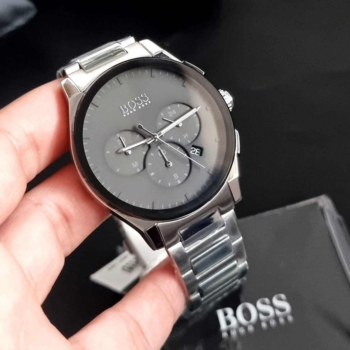 Hugo Boss Peak Chronograph Black Dial Silver Steel Strap Watch for Men - 1513762