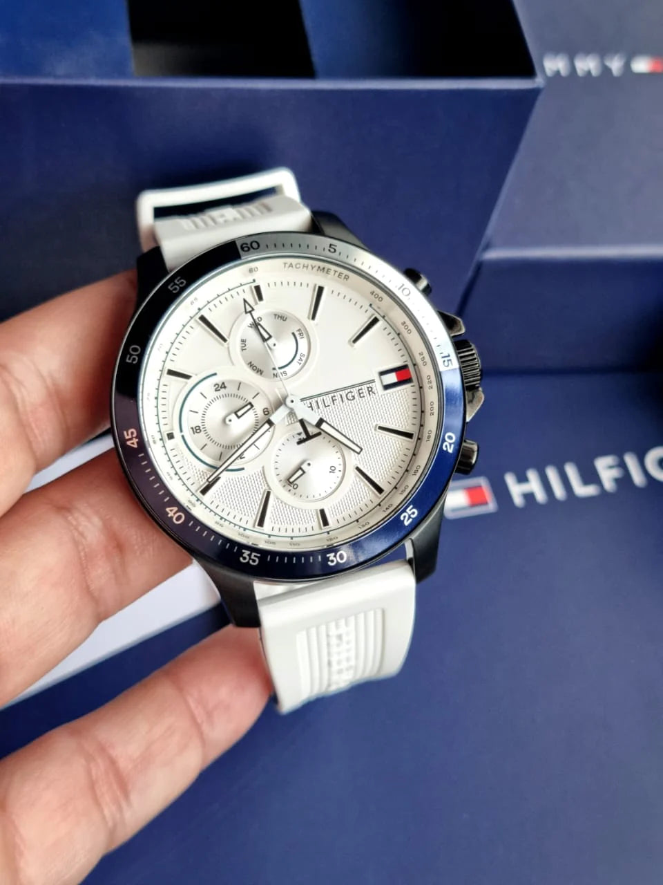 Tommy Hilfiger Bank Chronograph White Dial White Rubber Strap Watch for Men - 1791723