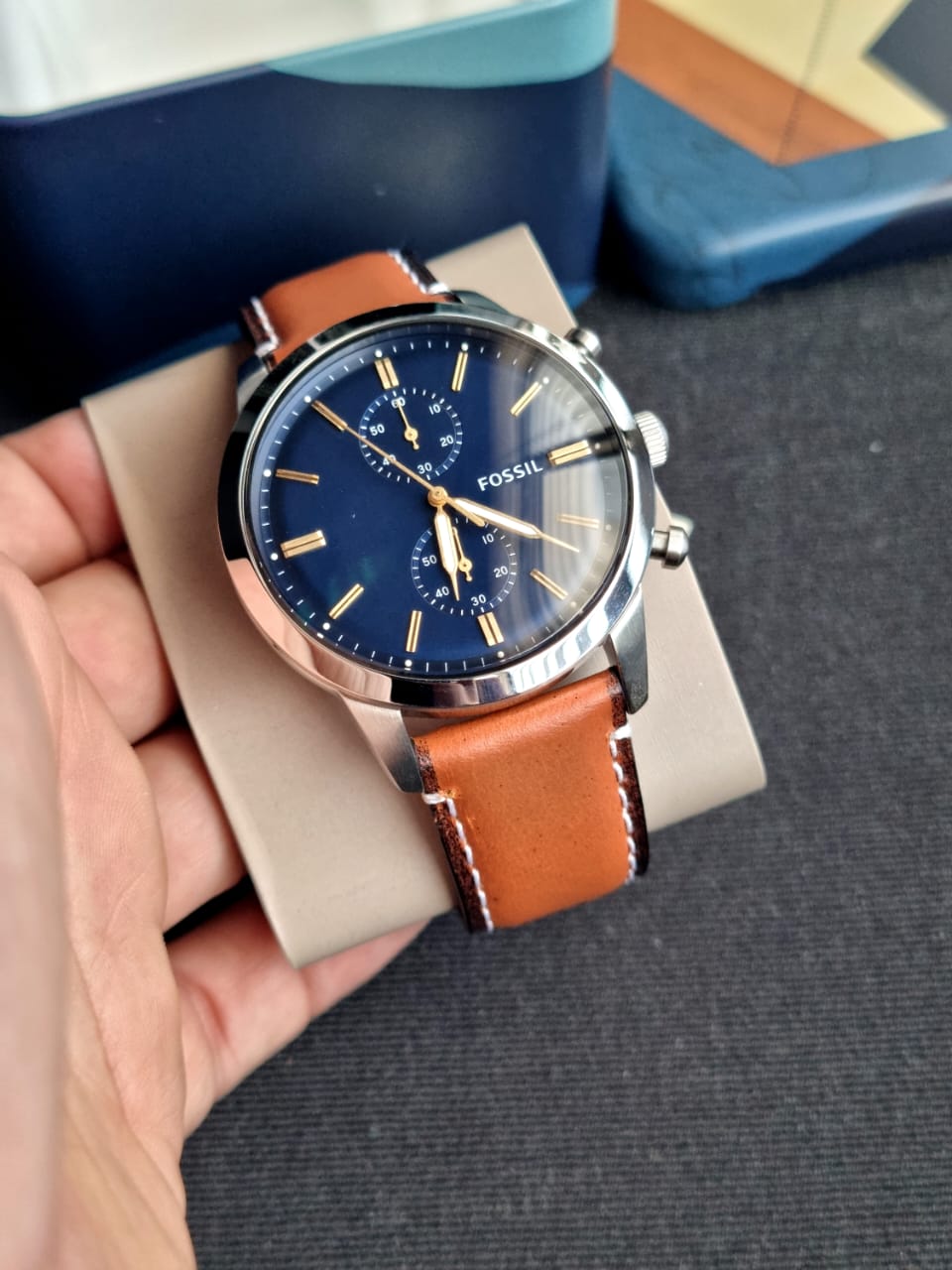 Fossil Townsman Chronograph Blue Dial Brown Leather Strap Watch for Men - FS5279