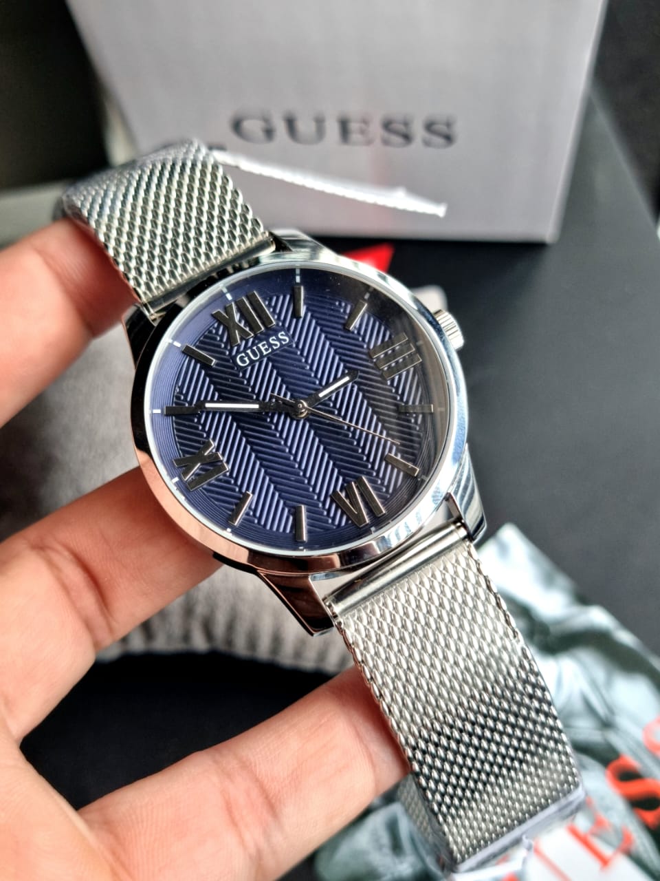 Guess Richmond Blue Dial Two Tone Mesh Bracelet Watch for Men - W1179G1