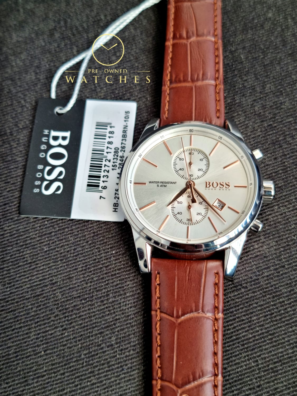 Hugo Boss Jet Chronograph Quartz Silver Dial Brown Leather Strap Watch For Men - HB1513280