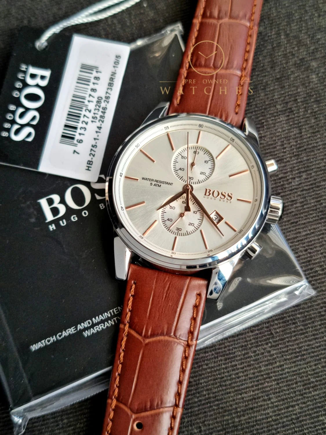 Hugo Boss Jet Chronograph Quartz Silver Dial Brown Leather Strap Watch For Men - HB1513280