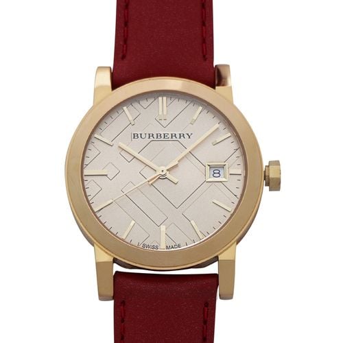 Burberry The City Gold Dial Red Leather Strap Watch for Women - BU9140