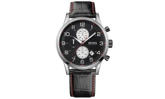 Hugo Boss Aeroliner Black Dial Black Leather Strap Watch for Men - 1512631