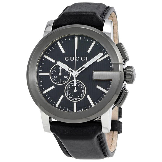 Gucci G Chrono Quartz Black Dial Black Leather Strap Watch For Men - YA101205