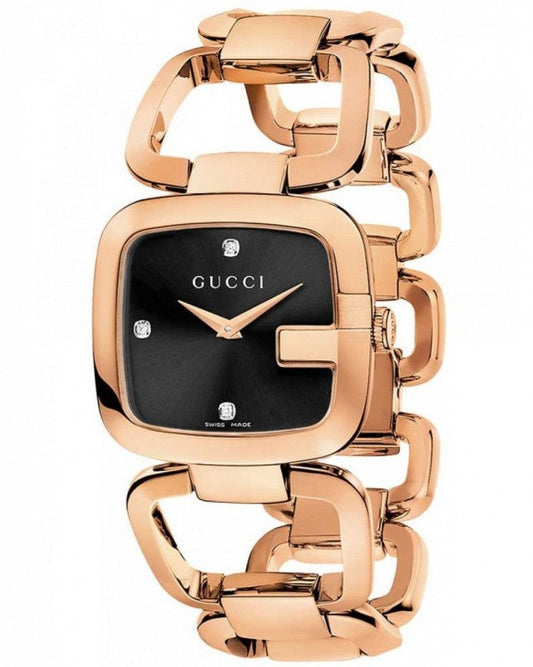 Gucci G Ladies Quartz Diamonds Black Dial Rose Gold Steel Strap Watch For Women - YA125512