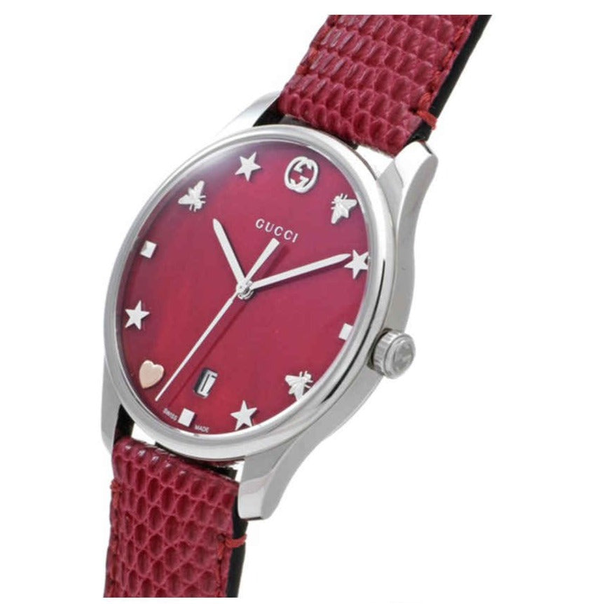 Gucci G-Timeless Quartz Mother of Pearl Red Dial Red Leather Strap Watch For Women - YA1264041