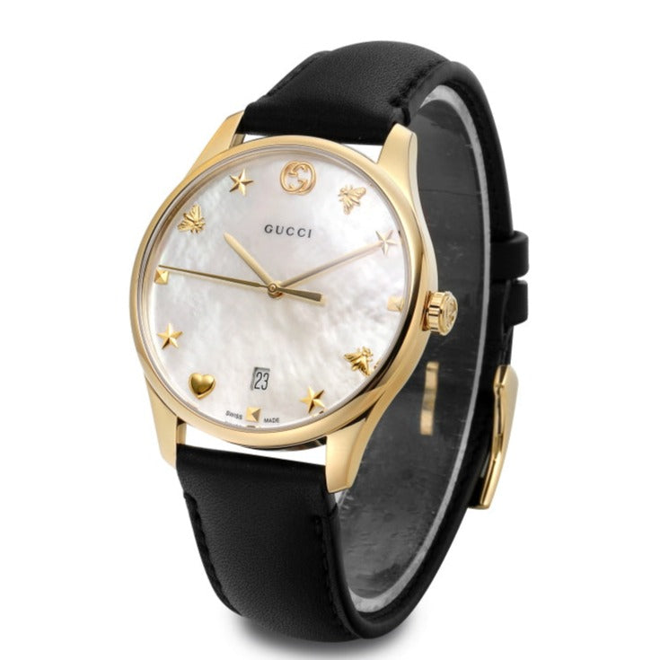 Gucci G-Timeless Quartz Mother of Pearl Dial Black Leather Strap Watch For Women - YA1264044