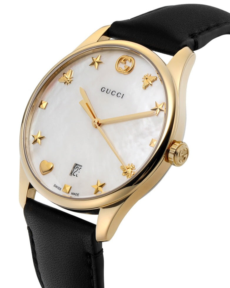 Gucci G-Timeless Quartz Mother of Pearl Dial Black Leather Strap Watch For Women - YA1264044