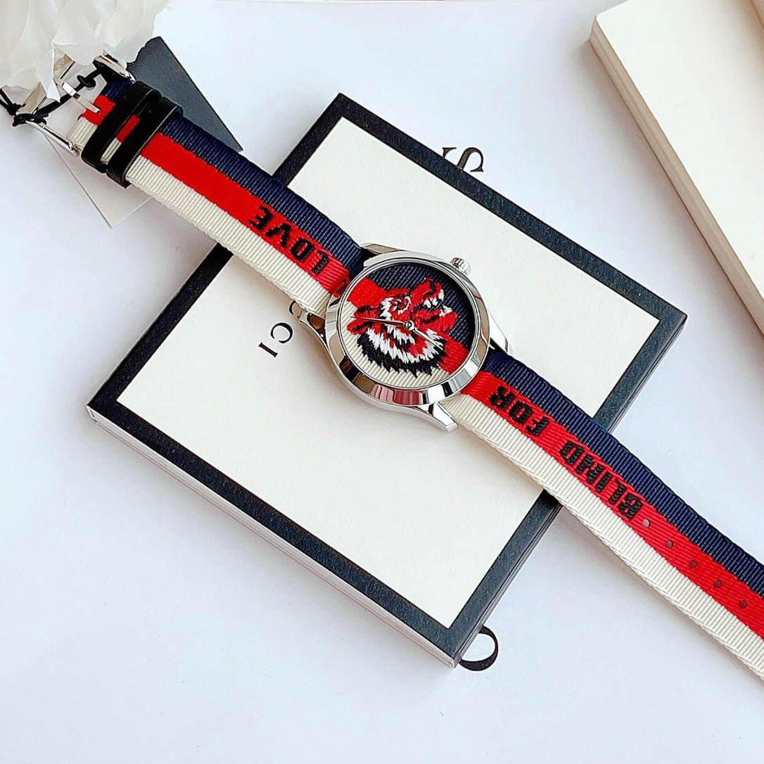 Gucci G Timeless Quartz White Red Blue Dial Multicolored NATO Strap Watch For Men - YA1264059