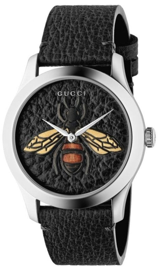 Gucci G Timeless Bee Motif Black Dial Black Leather Strap Watch For Women - YA1264067