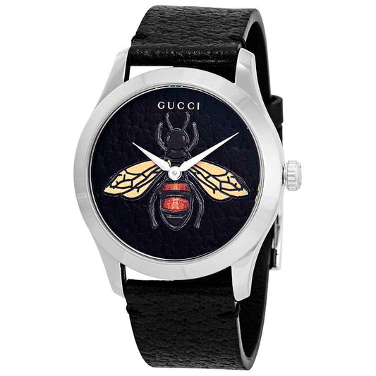 Gucci G Timeless Bee Motif Black Dial Black Leather Strap Watch For Women - YA1264067