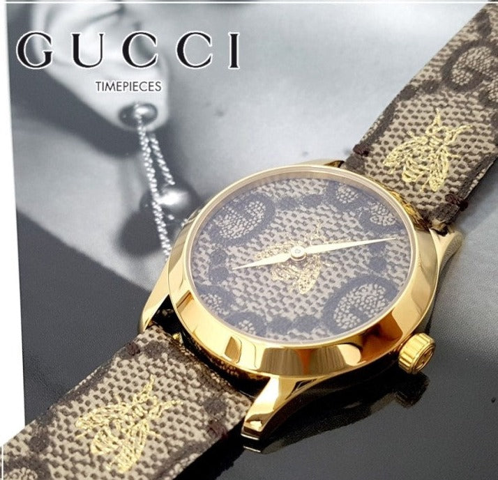 Gucci G Timeless Bee Motif Quartz Brown Dial Brown Leather Strap Watch For Men - YA1264068